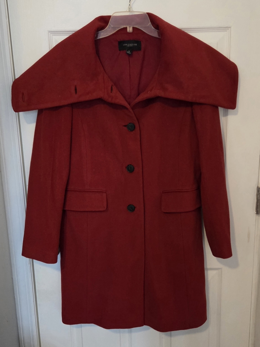 Ann Taylor Deep Red Wool-Blend Trench Coat with Wide Collar